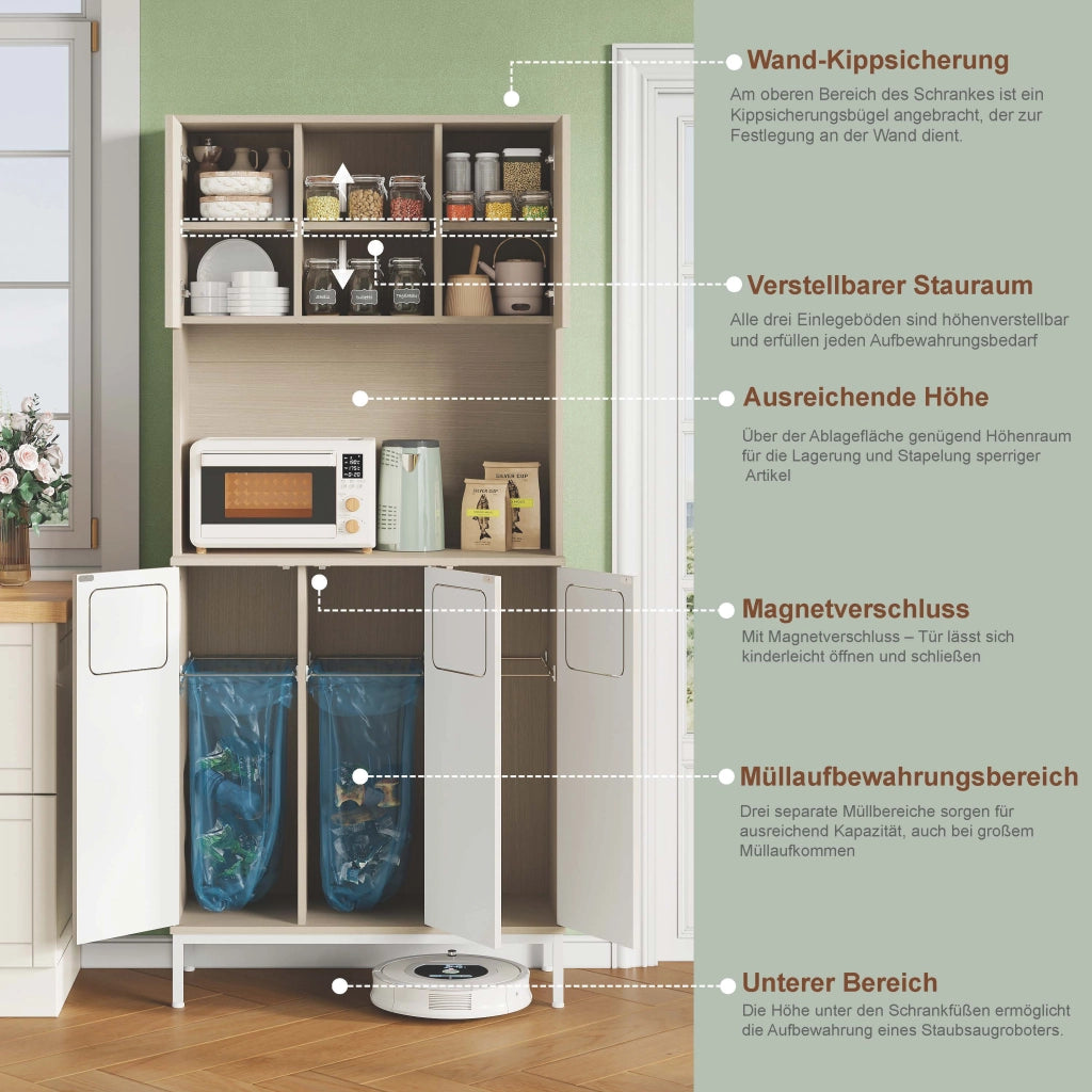 Colonna da cucina con vano rifiuti e ripiano per microonde in MDF effetto legno chiaro bianco 80 × 35 × 181 cm