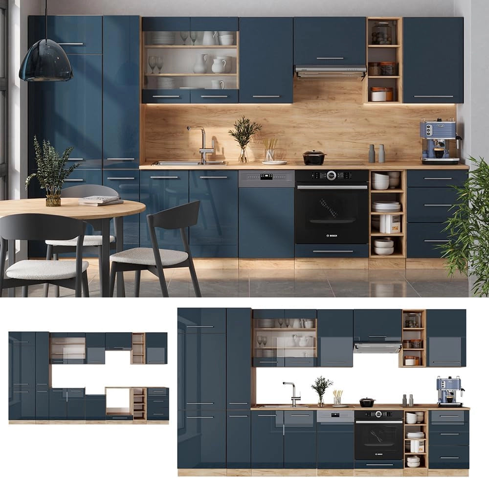 cucina componibile Fame-Line, Blu scuro lucido/rovere dorato, 355 cm senza piano di lavoro