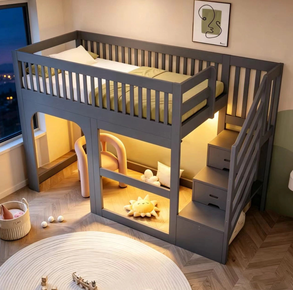 Letto a soppalco per bambini 90x200 cm in legno grigio con scala contenitore e LED