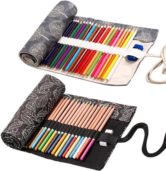 Due cassette di matite rotolabili a 36 fori, cassetti di matite per bambini, pennelli a tela per artisti, lavabili per matite a olio, matite colorate per studenti, foglie/ alberi.