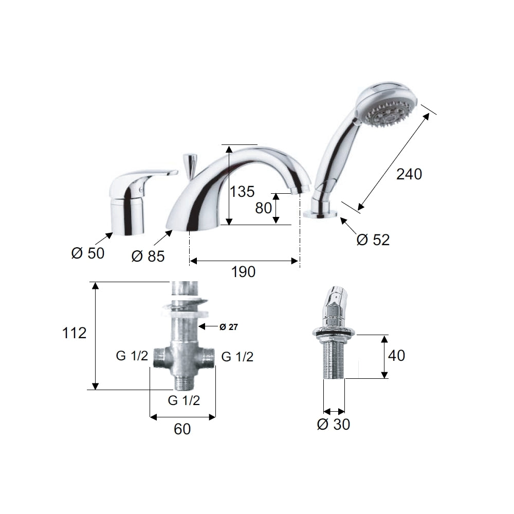 Rubinetto bordo vasca con deviatore, bocca pesante fusa e doccetta - serie project