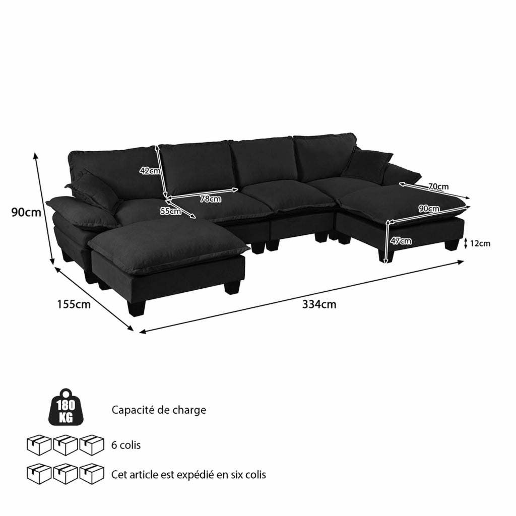 Divano modulare angolare a U con pouf mobile in chenille nero, schienale alto, braccioli larghi, 323 × 151 × 90 cm