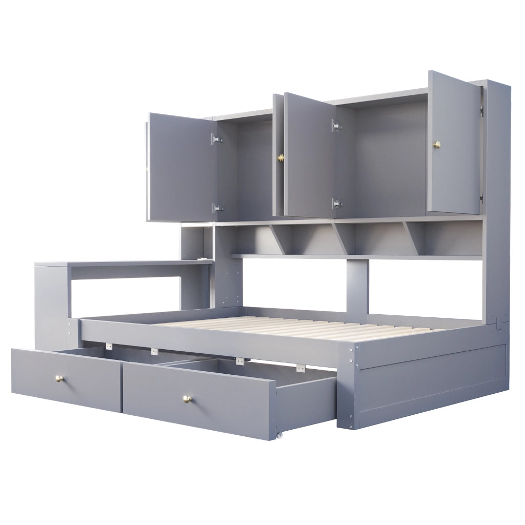 Letto per bambini 90x200 cm con scrivania; LED e prese; 2 cassetti e vani contenitore; MDF grigio
