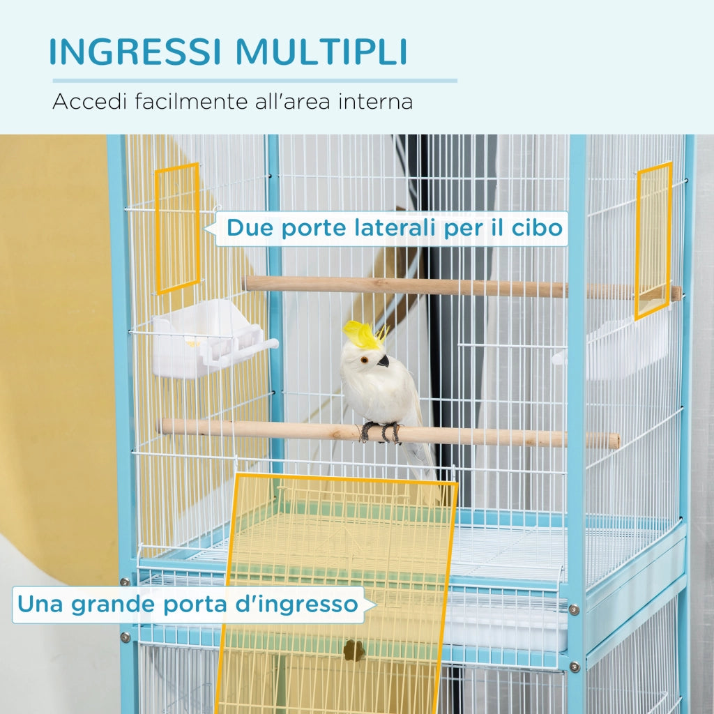 Gabbia per Uccelli 2 in 1 Voliera da Interni con 4 Ruote e Vassoi Estraibili, 51.5x50x140cm