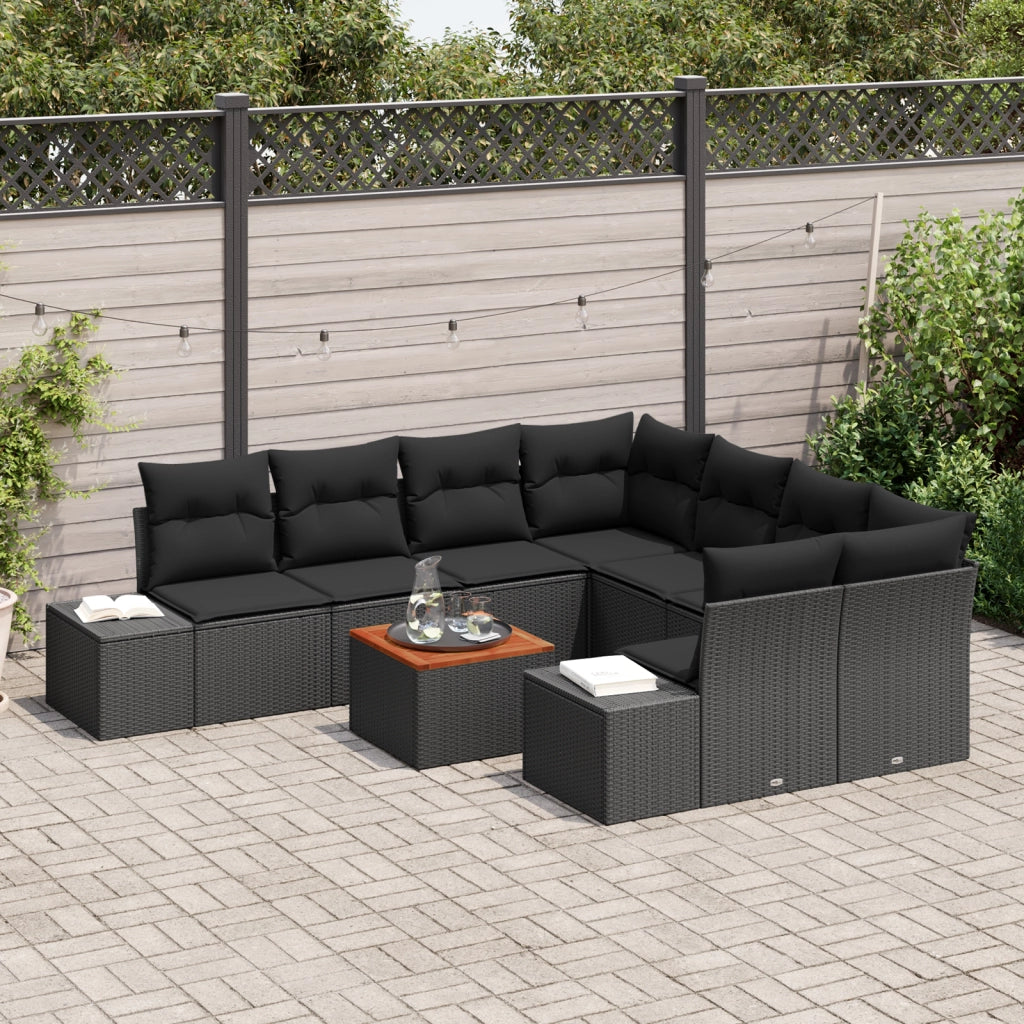 Set Divano Giardino 9 Pezzi con Cuscini Nero in Polyrattan e Acacia