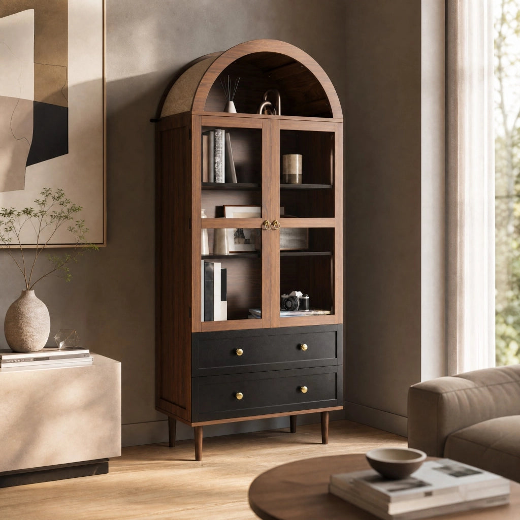 Sideboard contenitore con ripiani regolabili 70x38x165 cm in MDF e vetro; finitura noce