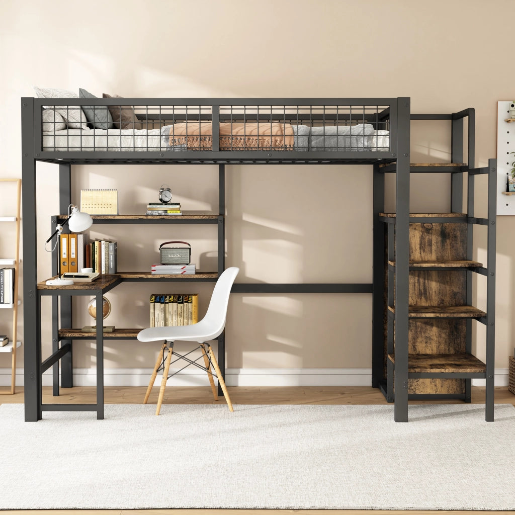 OKWISH Letto a Soppalco 90×200 cm, Letto Singolo con Scrivania, Mensole e Armadio, senza Materasso, in Metallo e MDF, Nero e Marrone