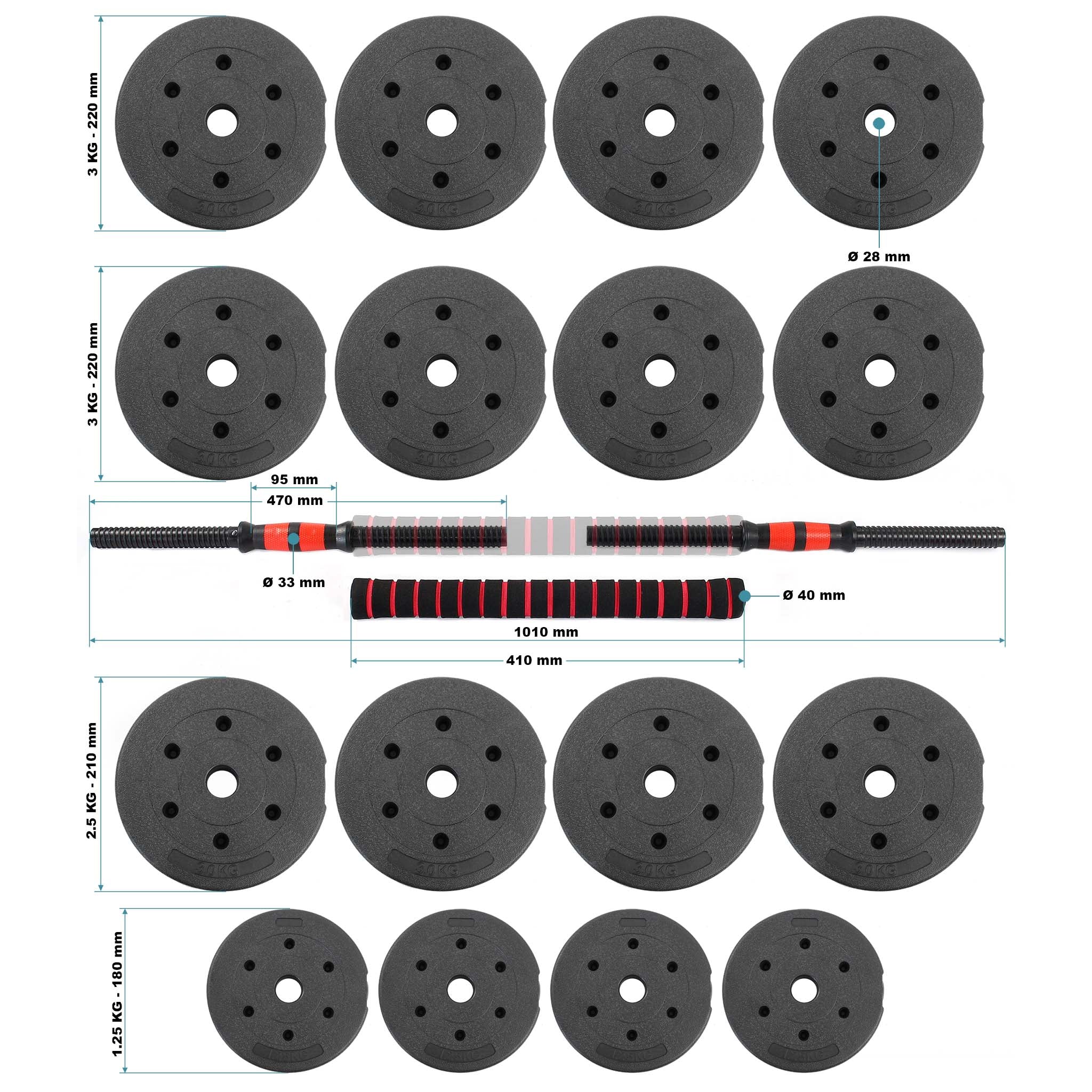 LUXTRI Set manubrio corto e bilanciere 2in1 40kg con 16 dischi per fitness allenamento forza
