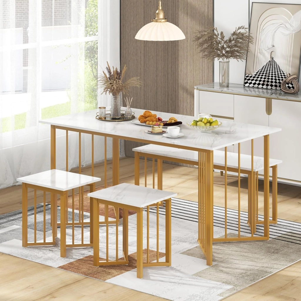 Set Tavolo da Pranzo a 4 Posti, Tavolo da Pranzo Rettangolare con Panca e 2 Sgabelli, con Gambe in Metallo Alate, per Cucina, Soggiorno, Sala da Pranzo, 150 x 80 x 75 cm