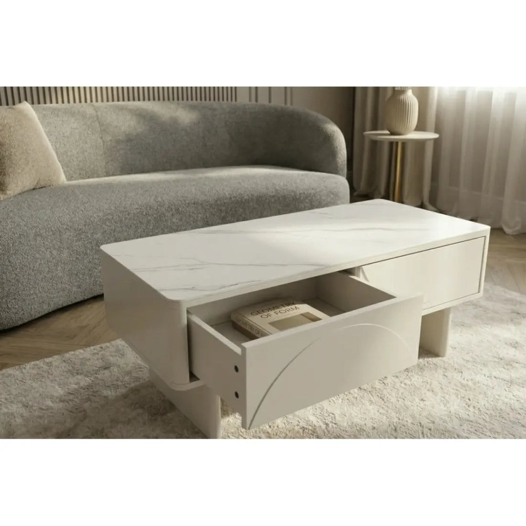 Tavolino chic MIYA 120 cm – Piano in ceramica effetto marmo bianco e 2 cassetti