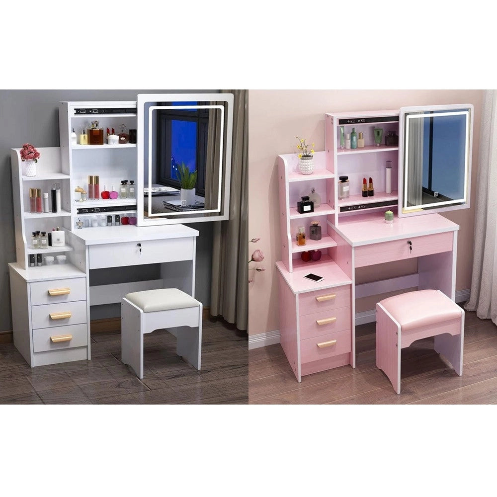 Trade Shop - Set Tavolo Da Toeletta Per Trucco Cosmetici Con Specchio Led Morbido Sgabello Cassetti -