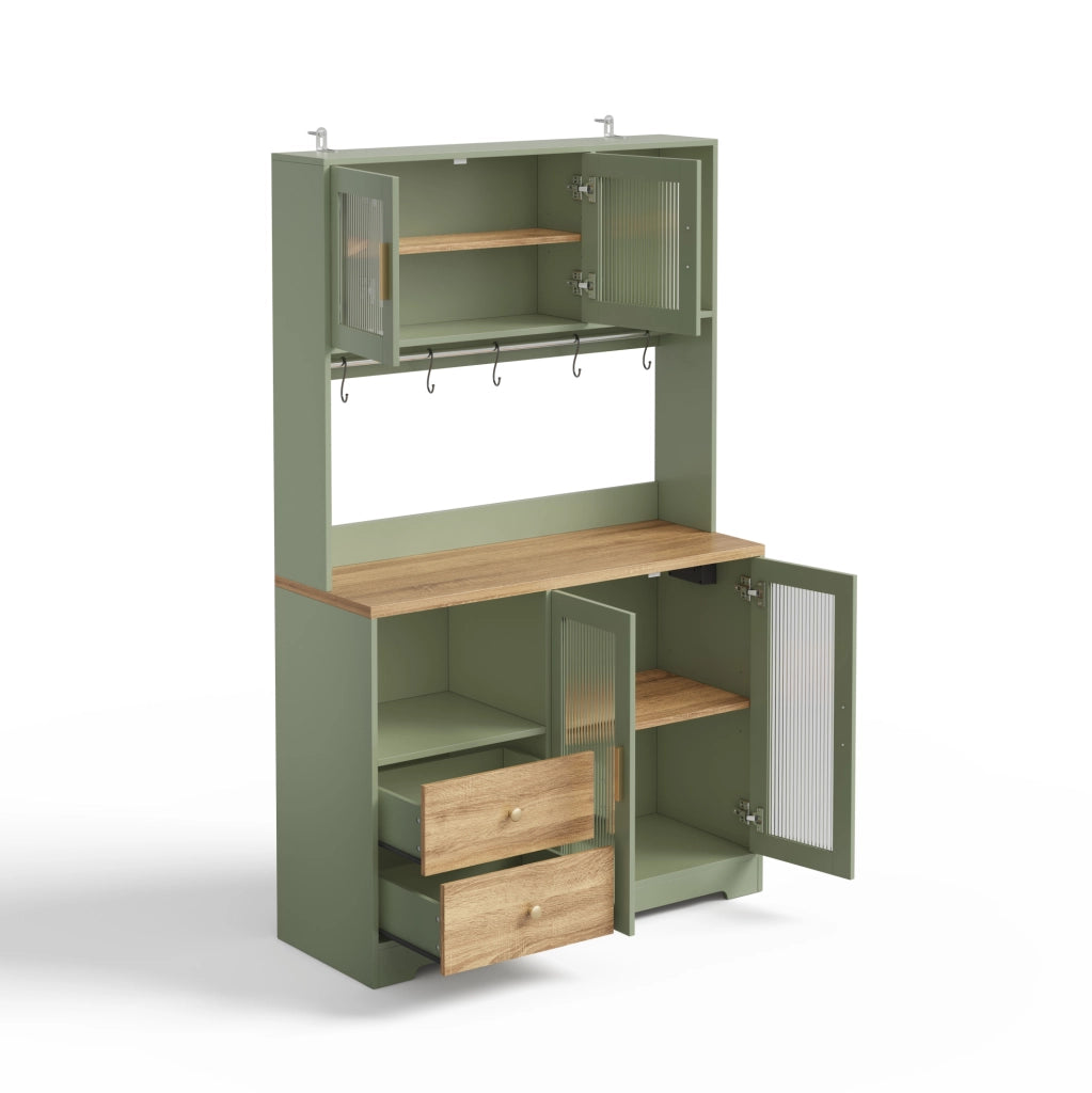 Credenza alta 110x40x178 cm con LED; prese USB; vetri temperati; MDF; verde antico
