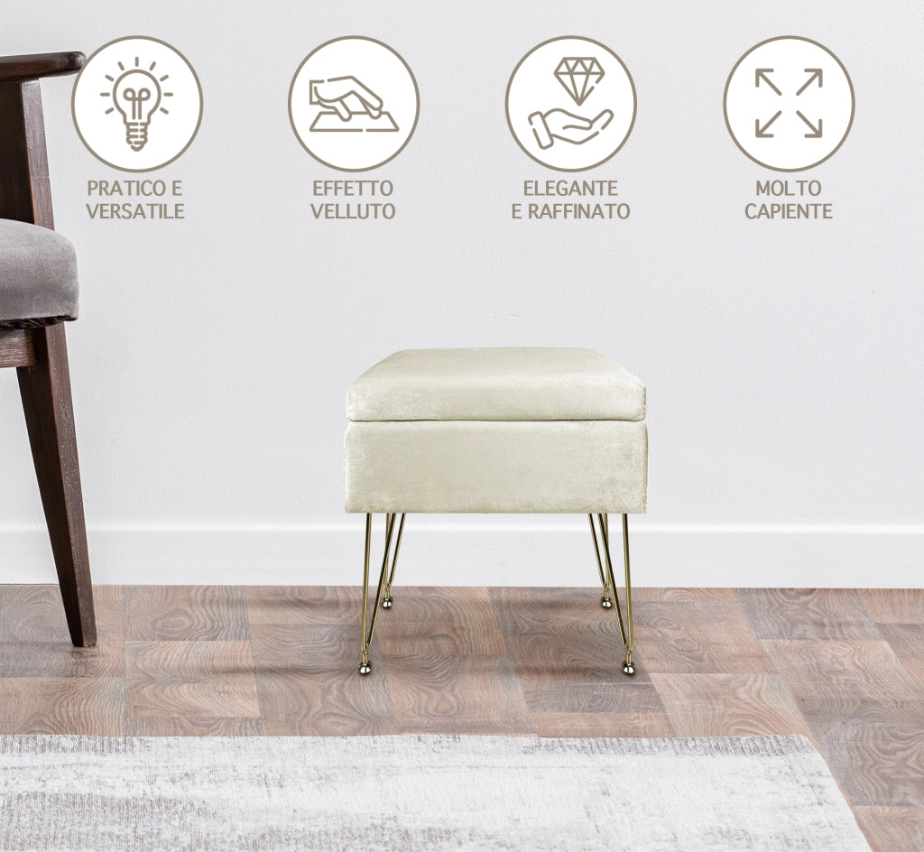Pouf Panca Imbottita Divanetto In Velluto Contenitore PortaOggetti Panca Sgabello A Pie Di Letto Con Gambe In Metallo Dorato Cassapanca Scarpiera Ingresso Legno Massello Panchina  - Beige