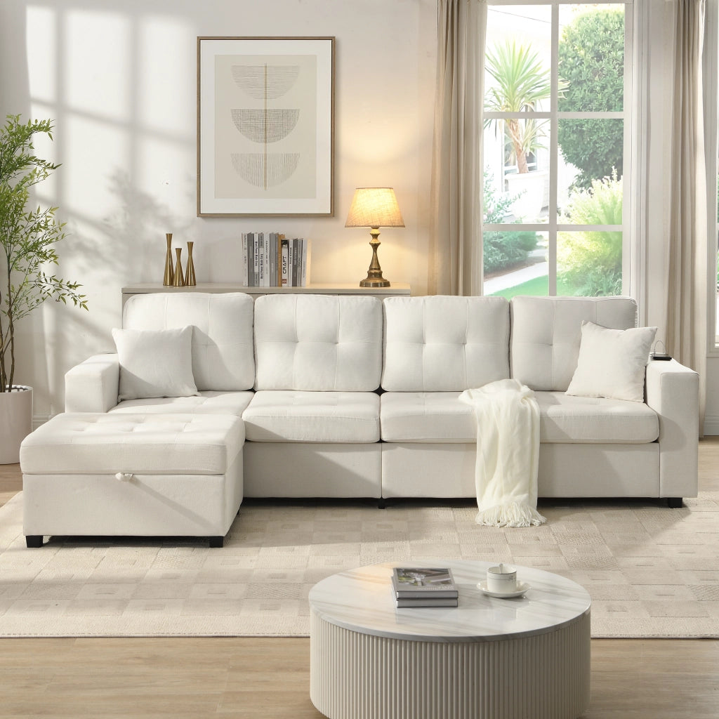 Divano angolare 4 posti in tessuto di lino beige con pouf contenitore; LED e USB Type-C 253 × 144.5 × 80.7 cm