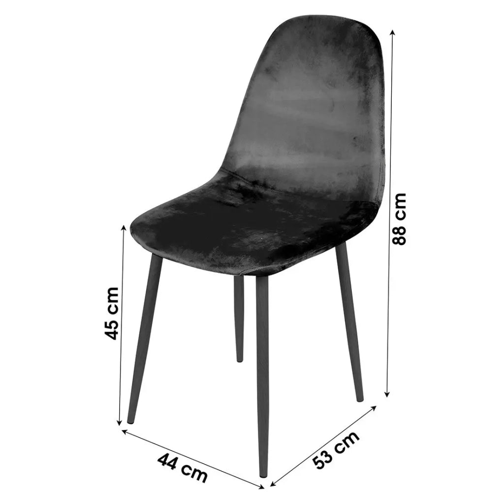 Set di 4 sedie LOLY, seduta e schienale in velluto nero, struttura in metallo nero