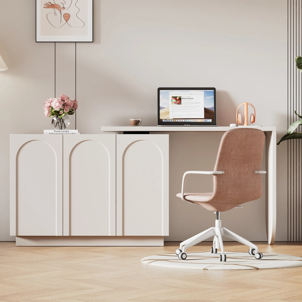 Scrivania angolare con mobile e piano girevole a 360 gradi, 3 vani con ripiani regolabili, in MDF bianco, 110 cm