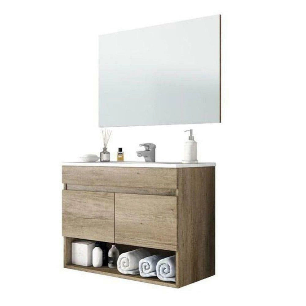 Mobile Bagno Sospeso Mobiletto In Legno Con 2 Ante E Ripiani Vani Aperti Lavabo Ceramica Con Specchio E Led Design Nordico Moderno La Brea 80 X 45 X 64 Cm Rovere