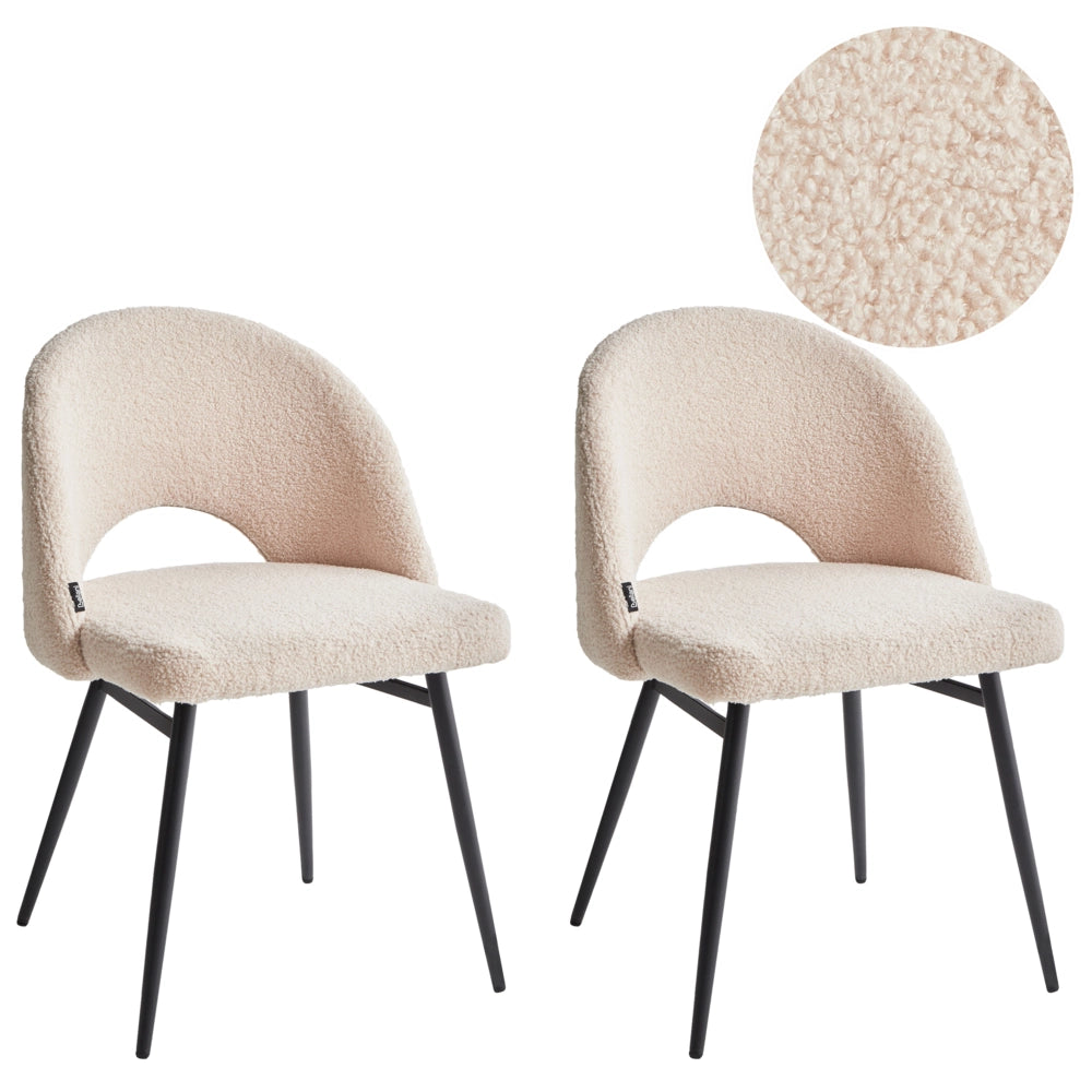 Set di 2 sedie da pranzo bouclè in tessuto beige braccioli schienale intagliato gambe in metallo moderna industriale