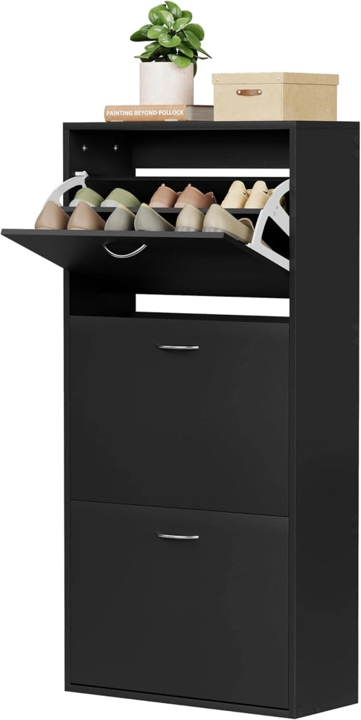 Scarpiera con 3 Cassetti a Ribalta, Portascarpe Stretto con Ripiani Regolabili, Capienza 14-18 Paia, 58x23x118 cm, Nero, per Corridoio e Soggiorno