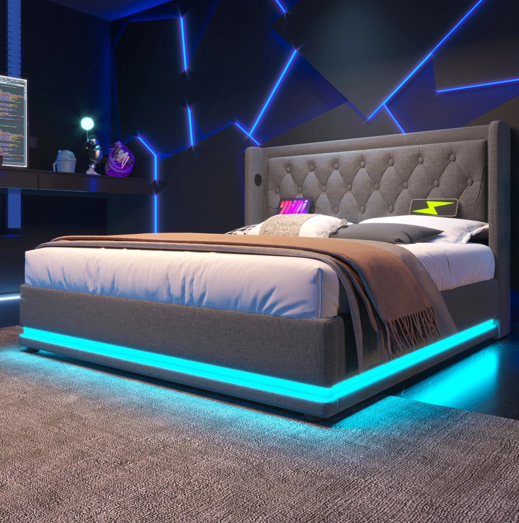 Letto contenitore ULEVR 180x200 cm grigio in cotone con LED 3 lati, USB e Type-C