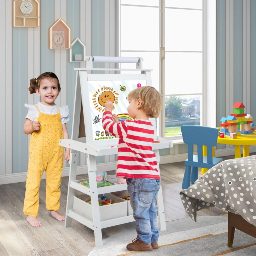 Tavolo e sedia per bambini e cavalletto double face 3 in 1-Tavolino e sedia per imparare e treppiede con lavagna bianca e nera e rotolo di carta