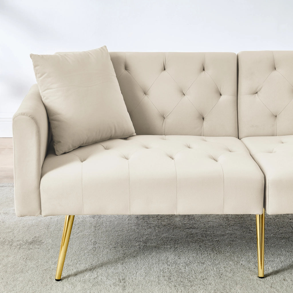 Divano letto 2 posti con schienale regolabile in 3 posizioni e 2 cuscini, in velluto Beige