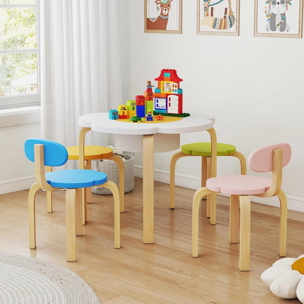 Set Tavolo e Sedie per Bambini, Set Mobili a Forma di Fiore con 2 Sedie e 2 Sgabelli, Tavolo Attività con Contenitore Nascosto, Set Gioco a 5 Pezzi in Legno per Bambini 3+ Anni