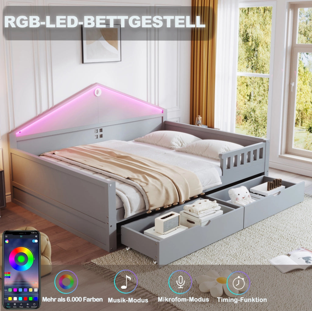Letto 140x200 cm con LED e cassetti; grigio