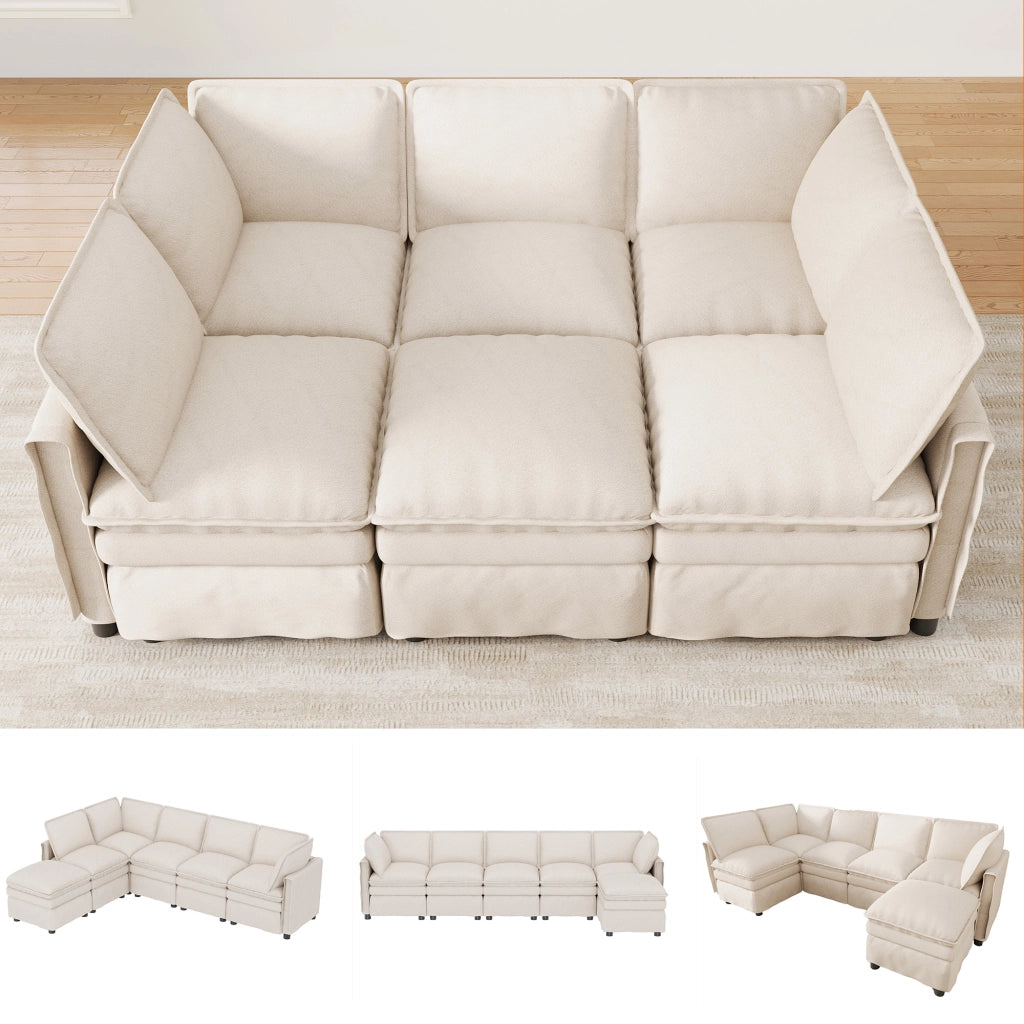 Divano letto modulare XXL in ciniglia beige; 6 posti; componibile a U o L con pouf mobile