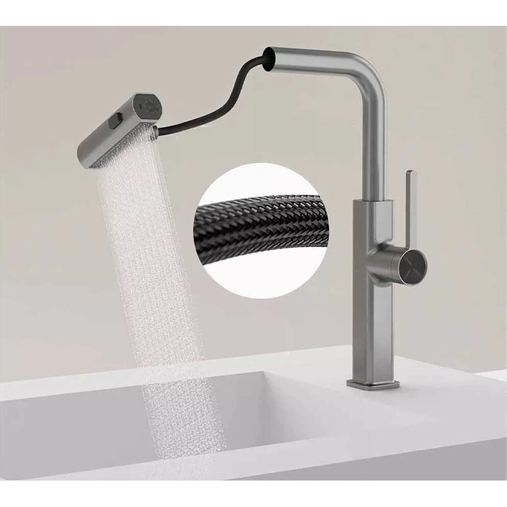 Trade Shop - Rubinetto Cucina Estraibile Con Erogatore Girevole 2 Getti Acciaio Satinato 87257 -
