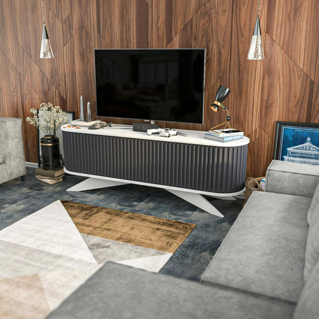 Mobile porta TV Bailu, Credenza da soggiorno, Armadio basso per TV, Base parete attrezzata, 180x43h60 cm, Antracite e Bianco