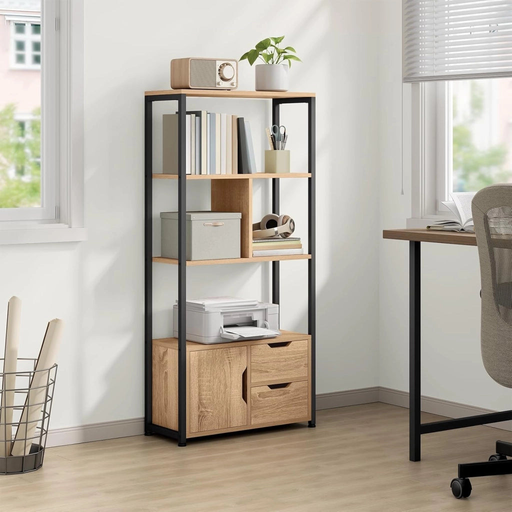 Libreria Moderna Design, 58 x 24 x 122 cm, Scaffale per Libri CD, con Cassetti e Ante, in Legno e Metallo, Rovere Chiaro RGB09hei