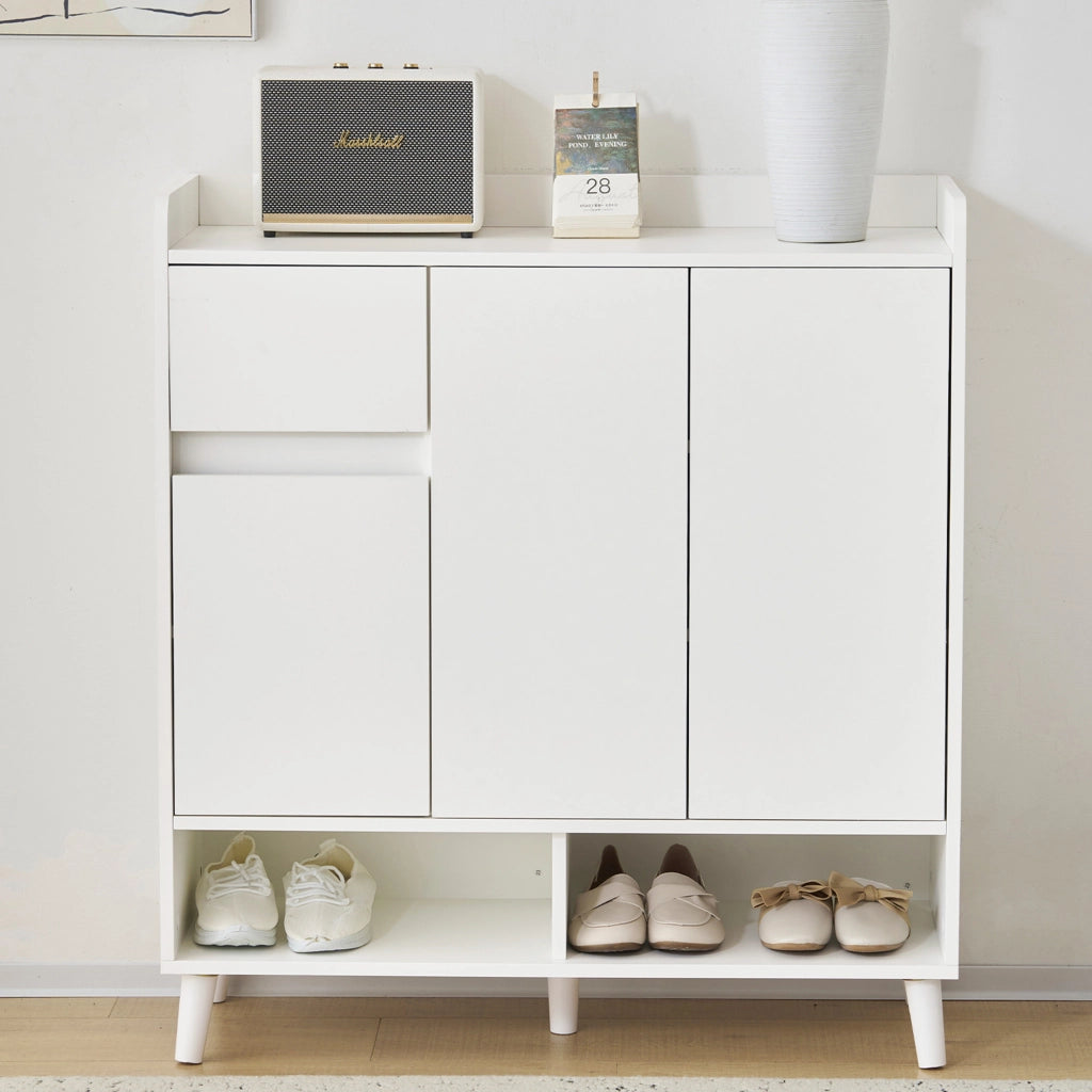 Mobile contenitore con ripiani regolabili e vani aperti, per ingresso, in truciolare, bianco, 90 × 35 × 99 cm