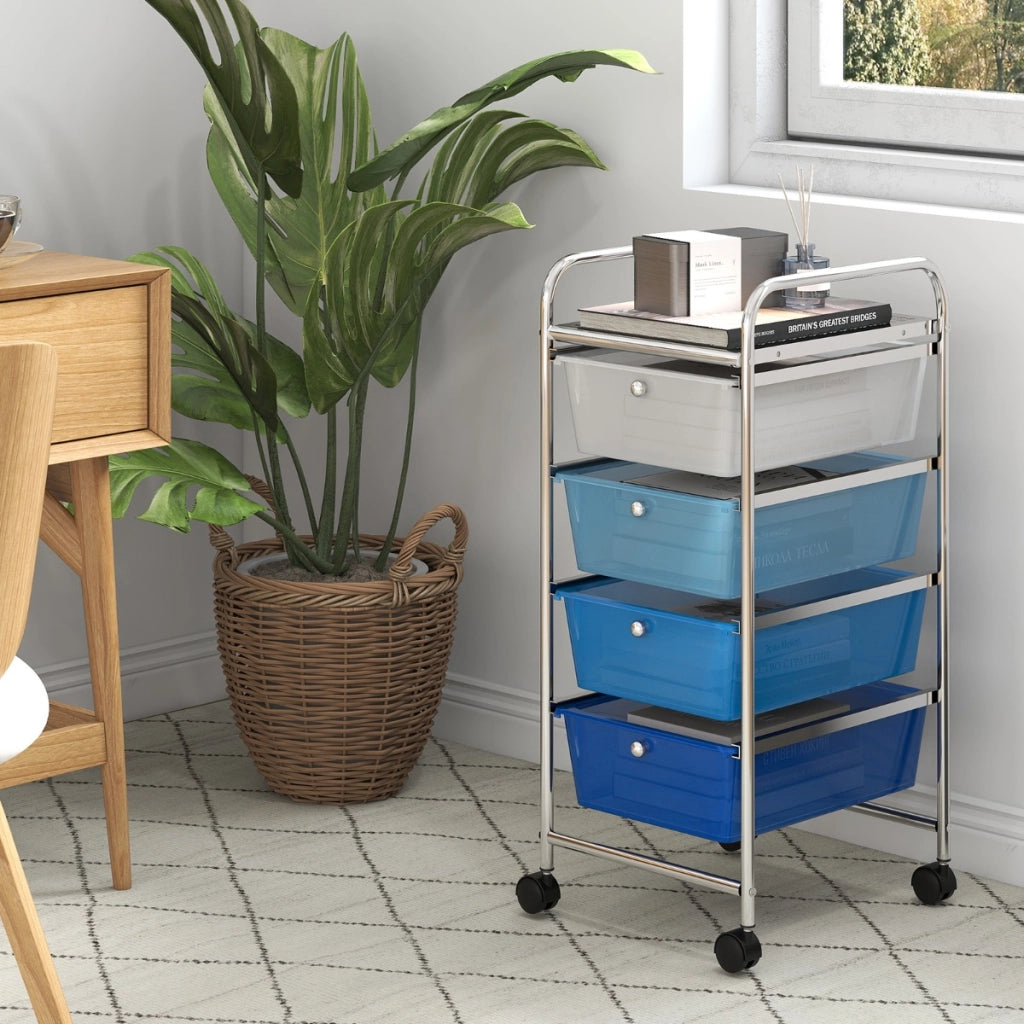 Carrello di stoccaggio mobile con ruote in plastica e telaio in metallo resistente, Carrello di stoccaggio con 4 cassetti Blu-Carrelli