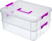 Scatola di archiviazione a 2 livelli - Contenitori di archiviazione in plastica regolabili - Maniglia portatile - Translucido - Organizzatore per arte e giocattoli per hobby - Accessori per cucire - Scatola trasparente azzurra
