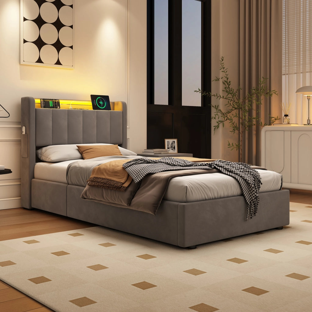 Letto Imbottito 90x190 cm in Velluto con Contenitore Idraulico, LED e Porte USB