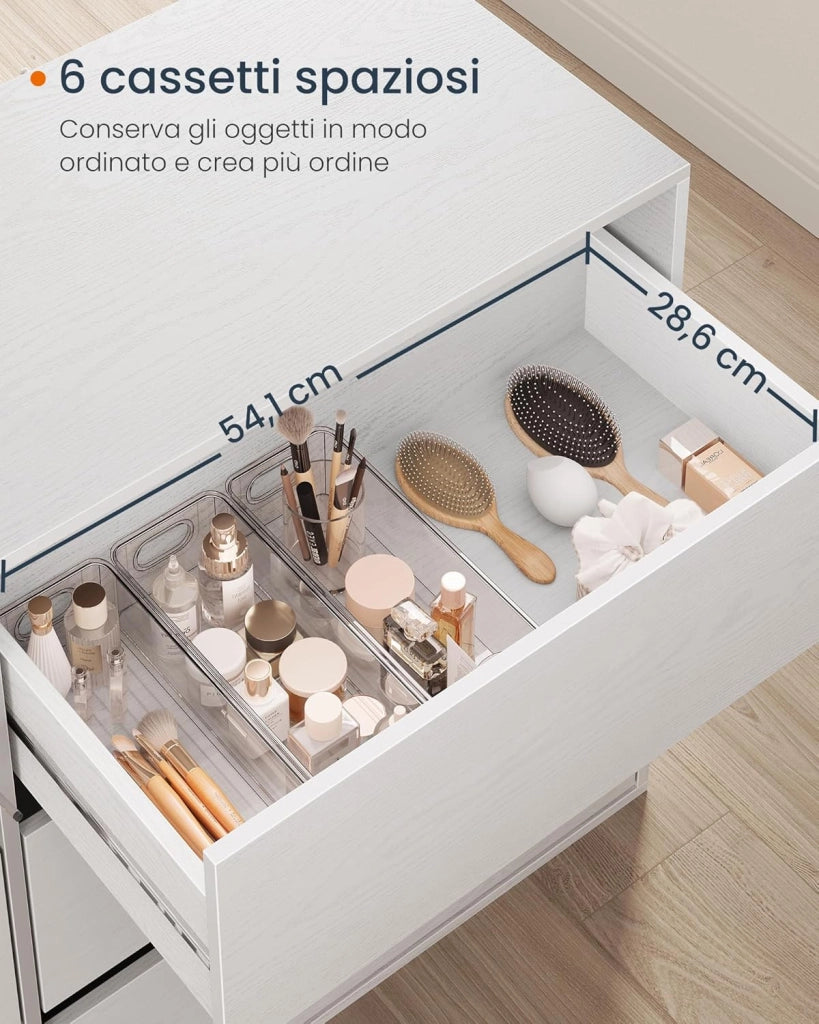 SONGMICS HOME Tavolo da Trucco, Montaggio Rapido Senza Attrezzi Toolless, Cassettiera, Armadio con Scaffale, Affiancati o a Forma di L, per Camera da Letto, Studio, Bianco Neve LTS656W01
