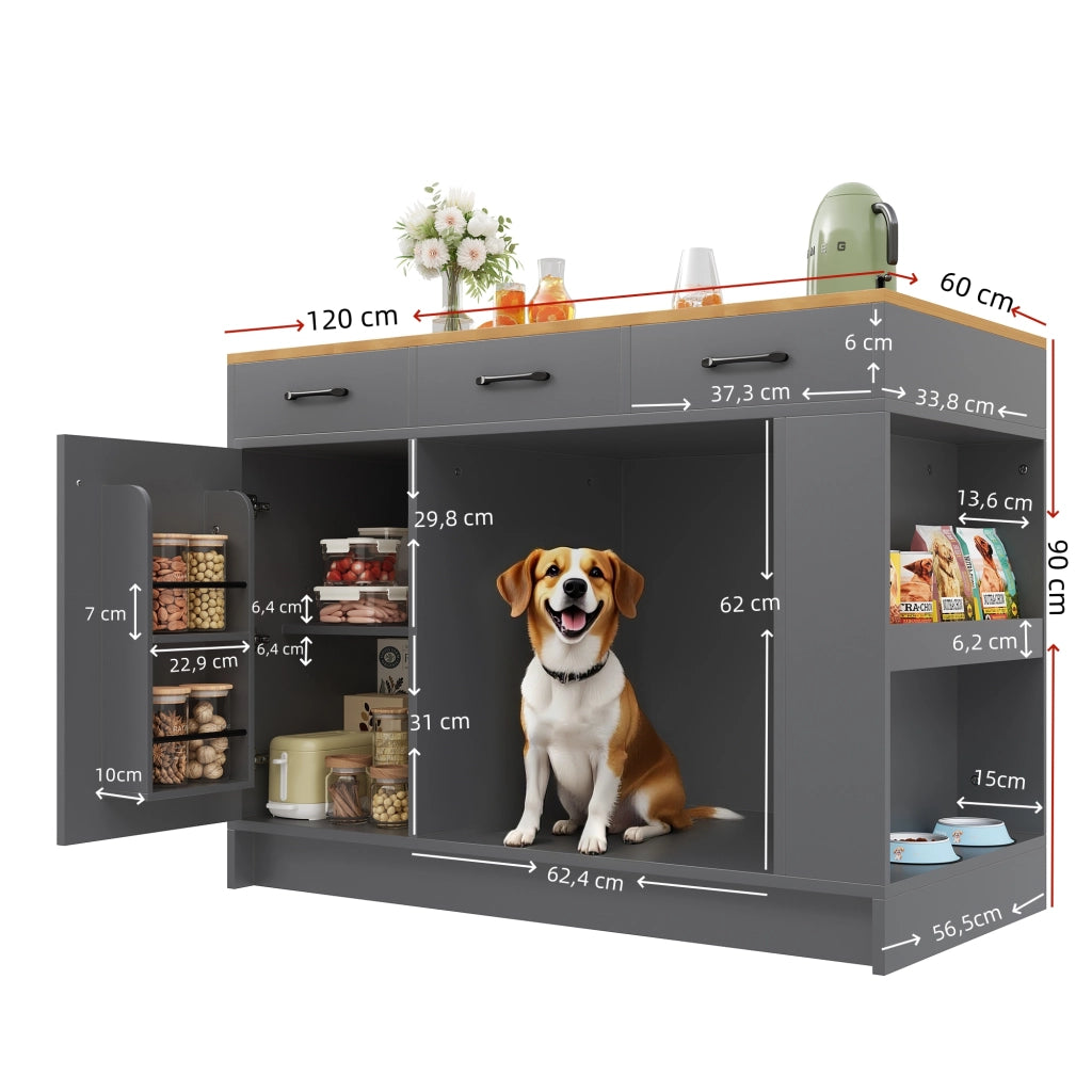 Carrello da Cucina con 3 Cassetti; Portaspezie; Ripiano Regolabile e Vano per Animale; in MDF; 120x60x90 cm; Grigio e Naturale