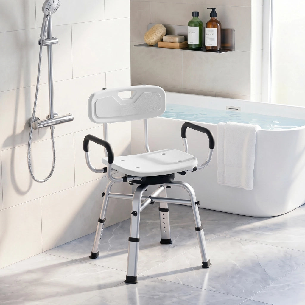 Sedia per Doccia Girevole 57x48x74-86 cm con Braccioli Schienale Capacità 150 kg in Alluminio e HDPE Bianco