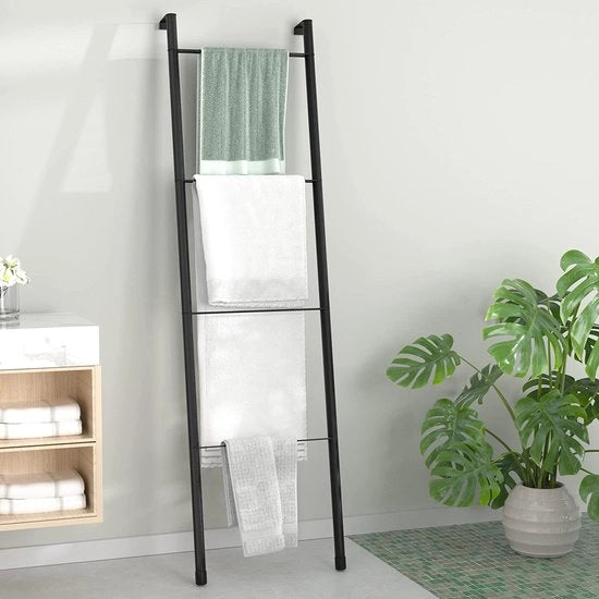 Set di accessori da bagno a 4 pezzi con appendiasciugamano, tappo per doccia, maniglione e fissaggio a muro in acciaio inossidabile laccato.