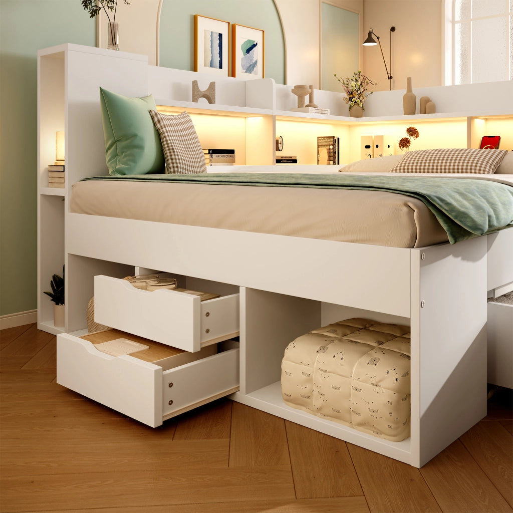 DESMIU Letto singolo 140 × 200 cm con USB, Type-C, LED, ripiani e cassetti, senza materasso, in legno, bianco