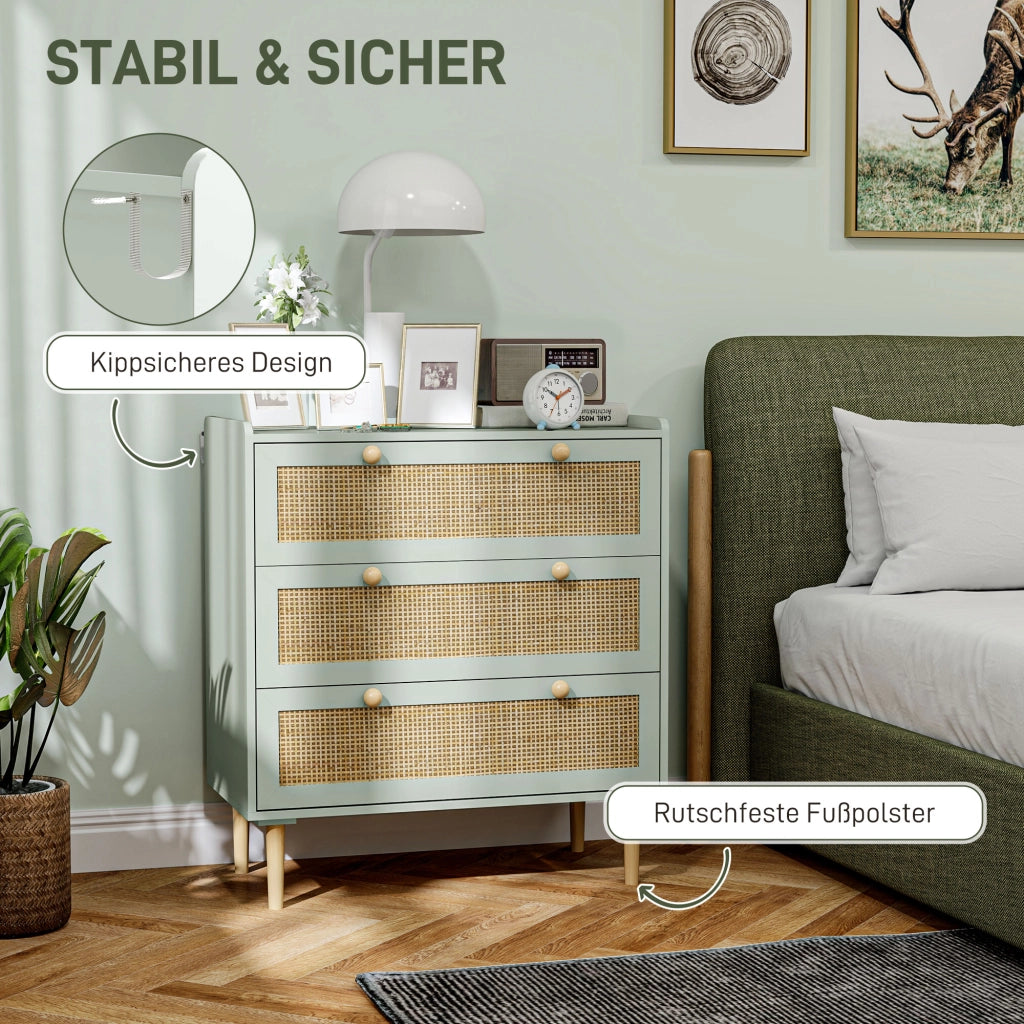 Cassettiera con 3 Cassetti, Fronte in Rattan, MDF ¨C zephmum ¨C Verde