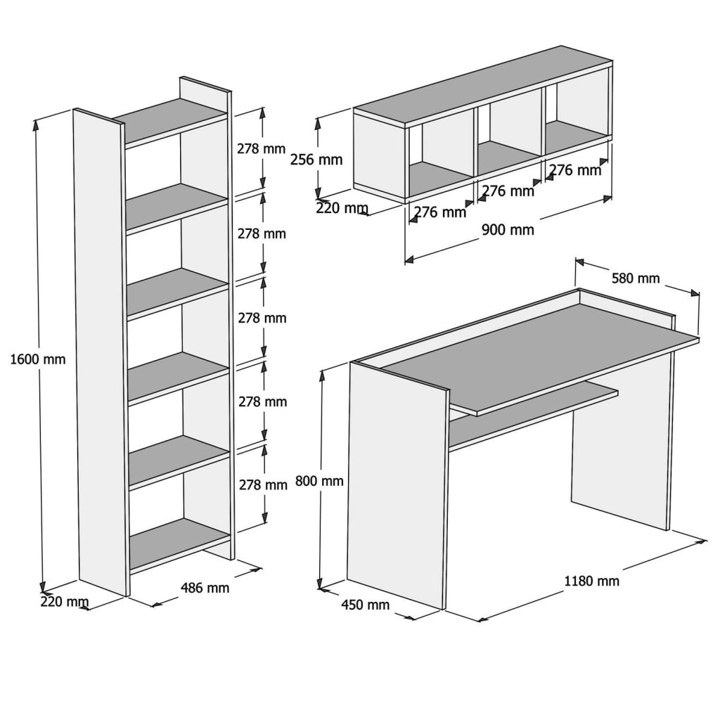Scrivania in legno "Hera" con libreria e mensola a muro - 118 x 58 x 80 cm - Bianco