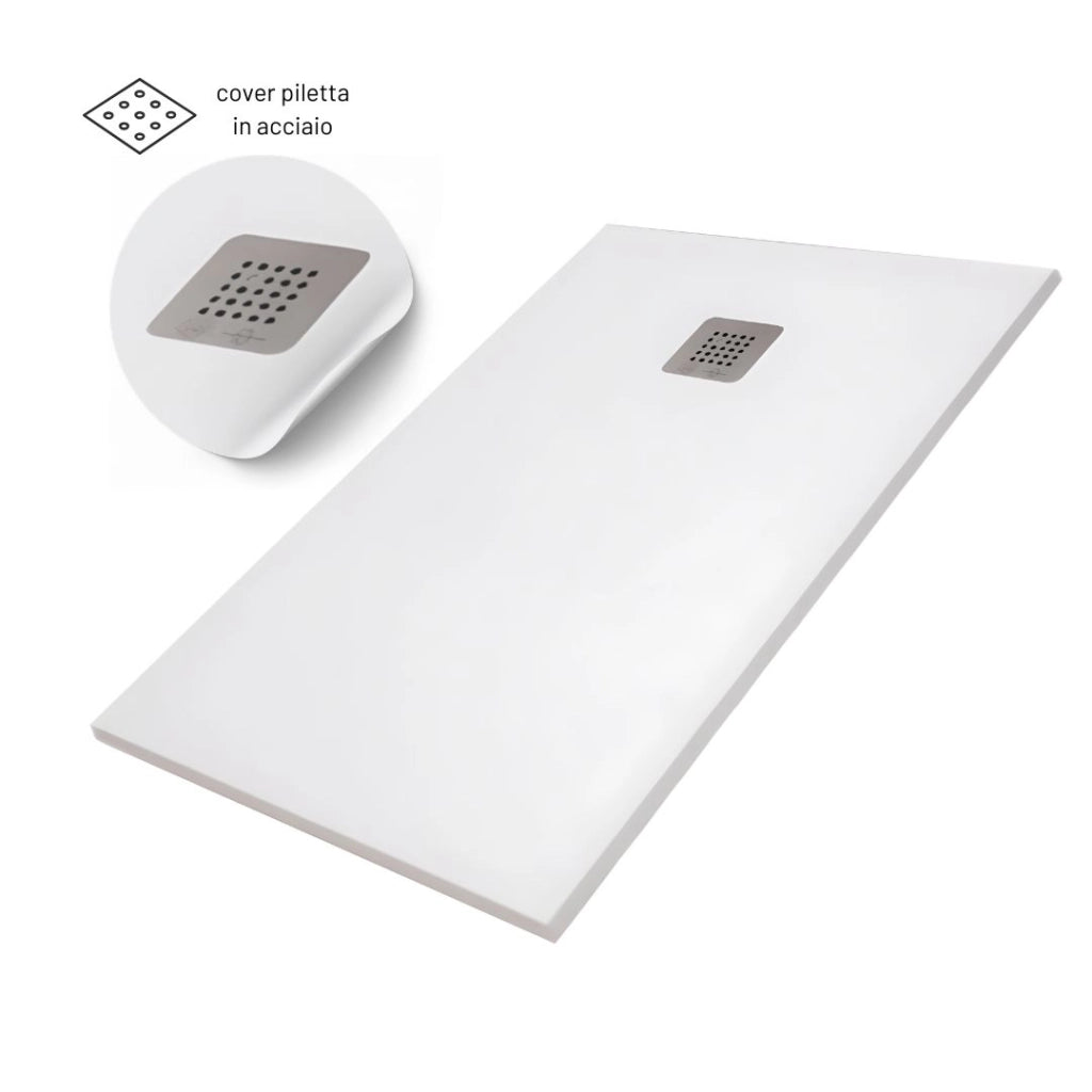 Piatto doccia mineral marmo resina antiscivolo h3,5 cm con piletta *** finitura- bianco opaco, misure l120 x p80 x h3...