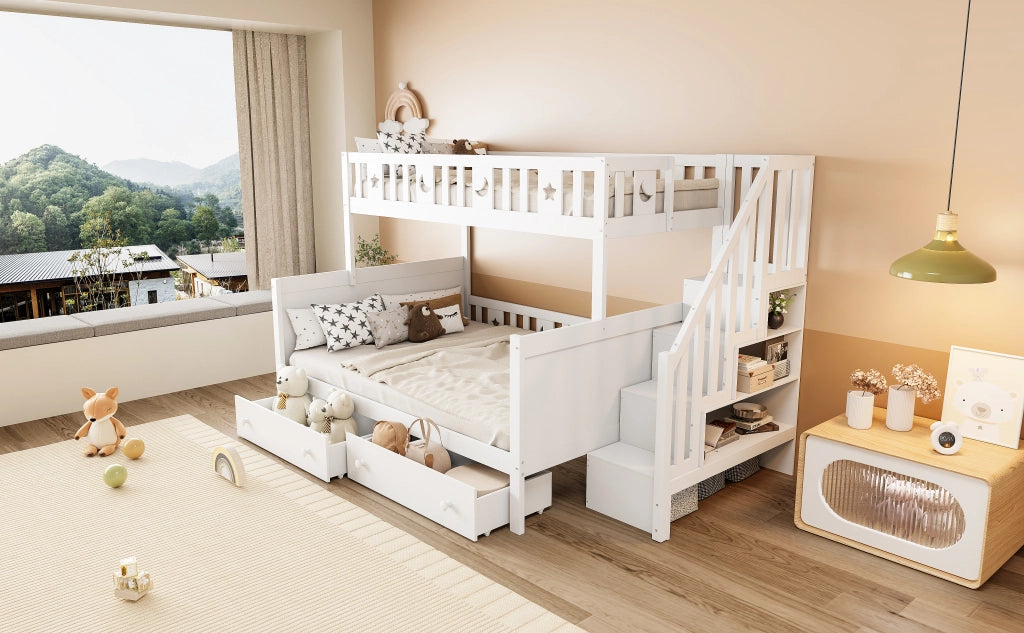 DESMIU Letto a castello 2 posti con scala contenitore e 2 cassetti, 90 × 200 e 140 × 200 cm, senza materasso