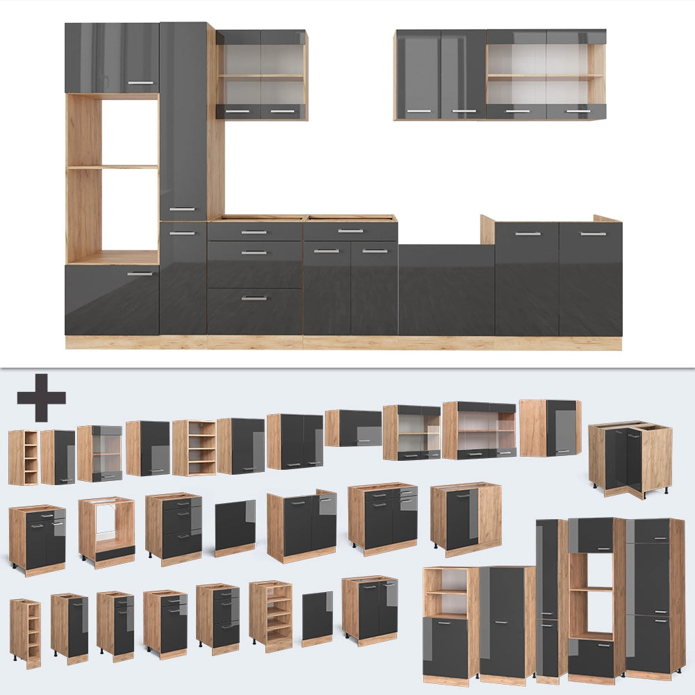 Vicco Cucina componibile Antracite lucido/oro power oak 350 cm con armadio alto, senza piano di lavoro