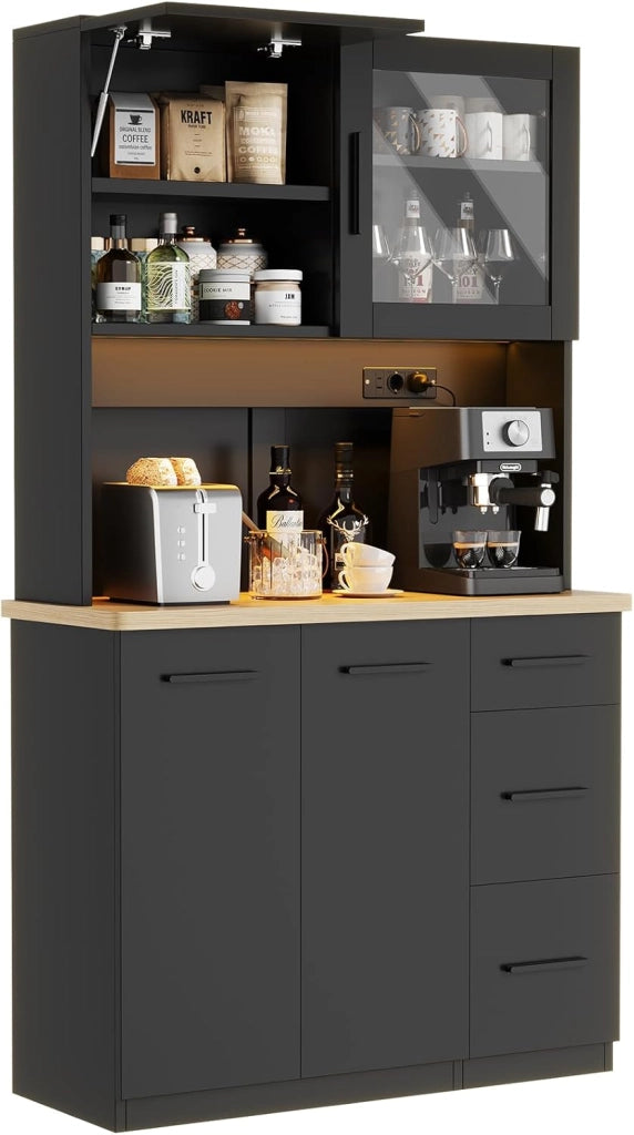 Mobile da cucina, credenza, armadio alto con prese di corrente e strisce LED 3000 K, con piano di lavoro da 24 mm, ripiani regolabili, 3 cassetti, 100 x 40 x 182 cm (Bianco)