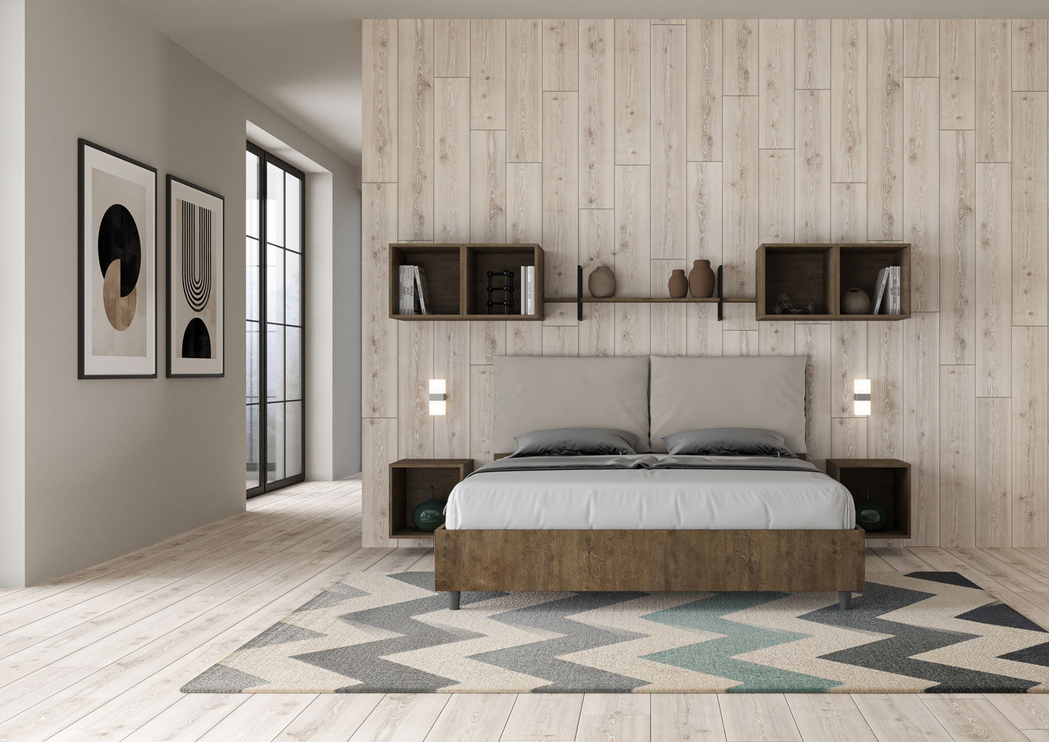 Letto Matrimoniale 160x190 cm con Rete Struttura Noce con Cuscini in Similpelle Egos Antea Tortora