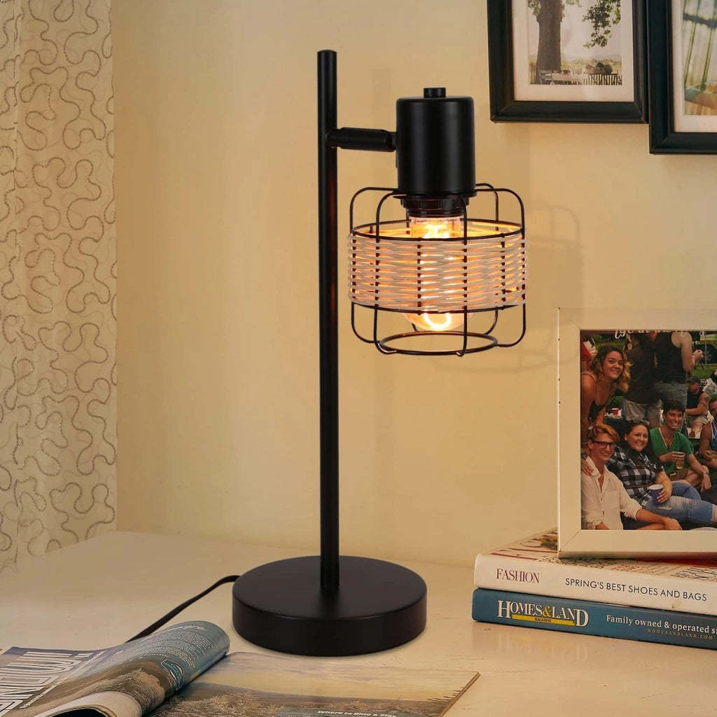 ZMH Lampada da tavolo rattan bambù boho rustico girevole E27 interruttore retrò per soggiorno camera