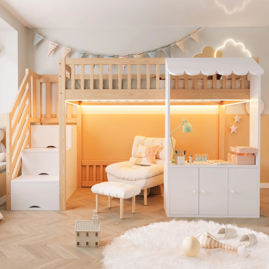 Letto a Soppalco 90x200 cm in Legno con Armadio Contenitore; Scale e Luci LED Multicolore; Design a Capanna